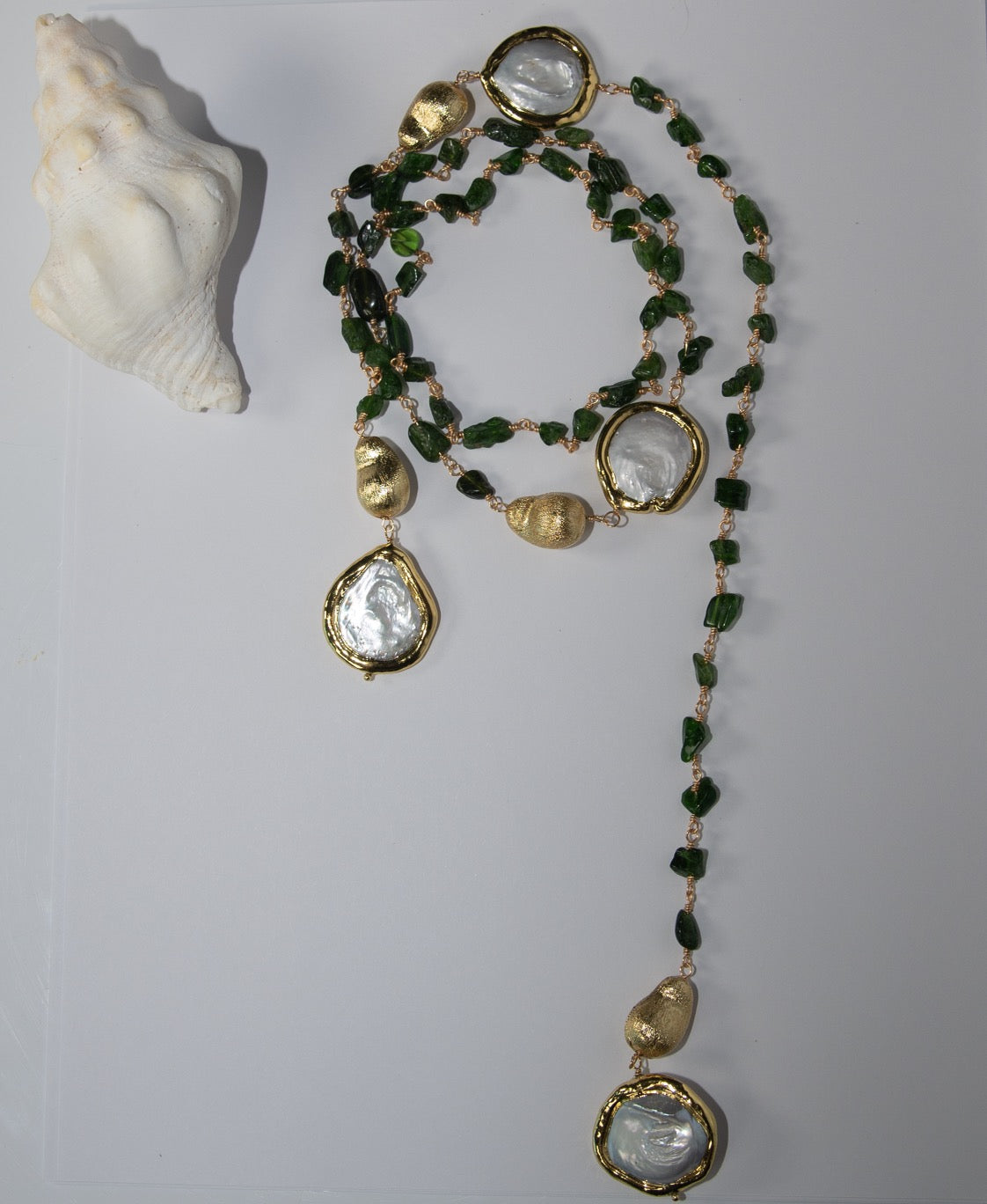 Marisol Lariat Necklace with natural green Diopsode and freshwater cultured white coin Pearl