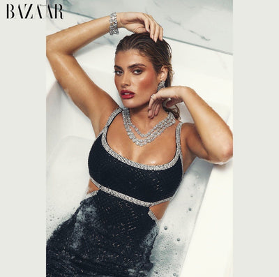 bathtub photoshoot, dripped in elegant jewelry